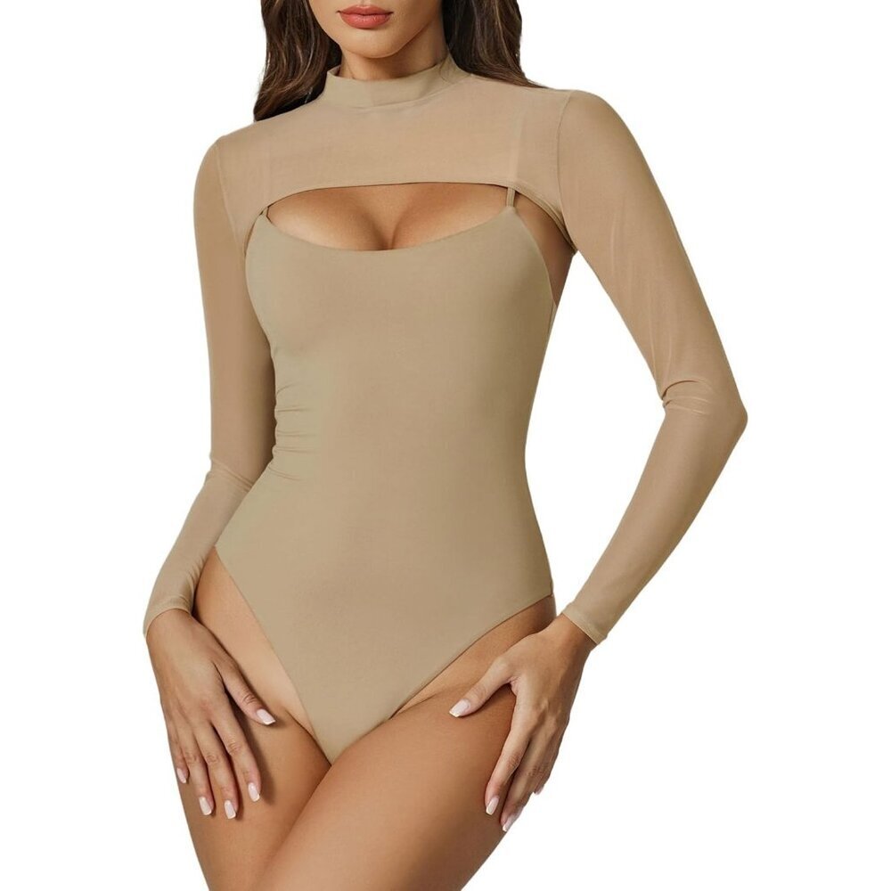 Women's Khaki Turtle Neck Long Sleeve Two Piece Cami Shapewear Bodysuit Tops